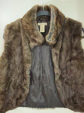 Vertical Design Faux Fur Vest Brown Collar Womens Size L Large RN 113286